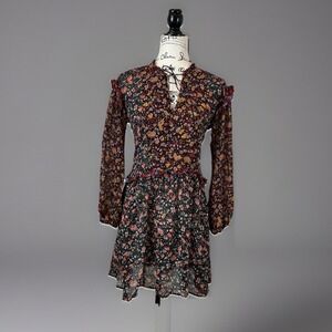 Anthropologie Floral Mini Dress Ruffle Trim Long Sleeve Viscose XS